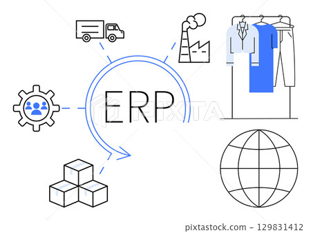 ERP system elements connecting gear, delivery truck, factory, shirts, globe, and boxes. Ideal for business process, supply chain logistics inventory manufacturing software global trade. Line 129831412