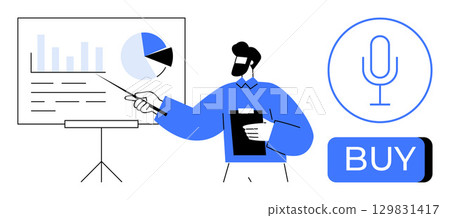Man presenting data on a chart board, holding a clipboard. Next to him are a microphone icon and a BUY button. Ideal for marketing, sales, business strategy, presentations, analytics, product 129831417