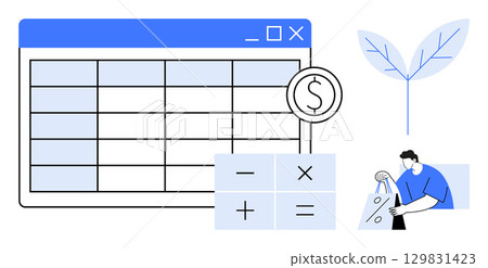 Spreadsheet interface with financial icons, leaf illustration, and man holding shopping bag. Ideal for finance, budgeting, eco-friendly practices, e-commerce, personal finance, environmental 129831423
