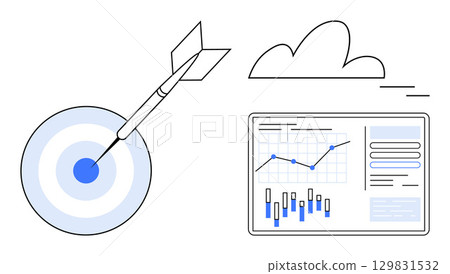 Target with dart hitting center, cloud, data analysis dashboard with graphs. Ideal for business strategy, goal setting, marketing, data analytics, performance tracking, project management, digital 129831532