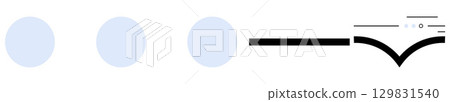 Three light blue circles arranged horizontally followed by a black arrow pointing to the right. Ideal for stages, progress, timelines, steps, workflow, guidance, direction. Line metaphor 129831540