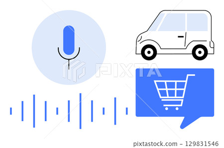 Microphone and sound waves indicate voice command usage for driving a car and online shopping. Ideal for voice control apps, online shopping, smart car tech, speech recognition, automation, smart Microphone and sound waves indicate voice command usage for driving a car and online shopping. Ideal for voice control apps, online shopping, smart car tech, speech recognition, automation, smart 129831546
