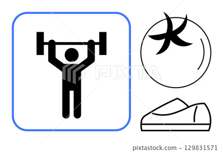 Person lifting barbell weights inside blue-bordered square, an exercise ball, and sneakers. Ideal for fitness apps, workout plans, gym posters, sports gear, health guides, training manuals, wellness 129831571