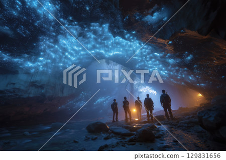 Diverse adventurers exploring glowing cave formations in playful adventure 129831656