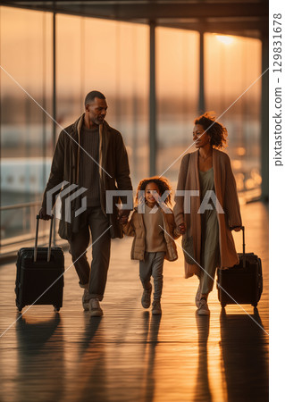 Multicultural family shares smiles while traveling at sunset in airport Multicultural family shares smiles while traveling at sunset in airport 129831678