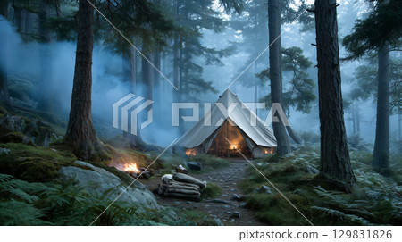 Escape into nature with digital detox at a misty forest campsite 129831826