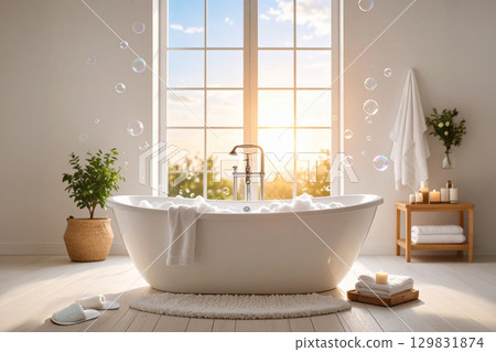 a bathtub  in front of a window 129831874