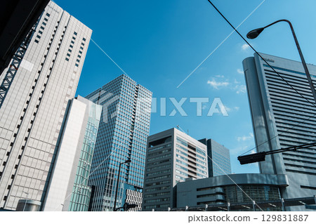 A view of the business district looking up at the skyscrapers from KITTE Osaka 129831887