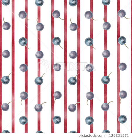 Seamless pattern with grapes on stripes background. Watercolor illustration in realistic style for packaging design, wine list, printing on kitchen textiles and fabric. 129831971