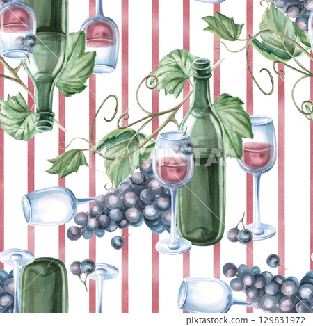 Seamless pattern with a bottle of red wine and glasses on a striped background. Watercolor illustration in a realistic style for packaging design, wine list, printing on kitchen textiles and fabric. 129831972