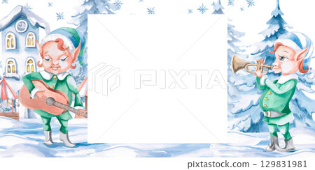 Rectangular frame with elves-musicians on the background of a snow town. Isolated watercolor illustration for decorating invitations, interior, postcards, Christmas fairs. 129831981