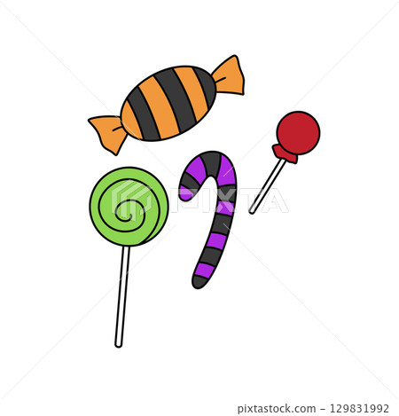 A cartoon of a candy cane, lollipop, and candy bar A cartoon of a candy cane, lollipop, and candy bar 129831992