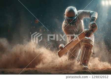 Dynamic Cricket Batsman Swinging Bat to Hit Ball Amid Dust and Dramatic Light 129832012
