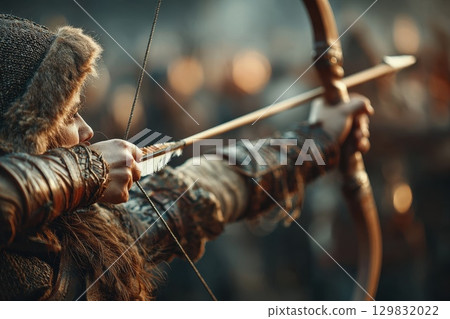 Archer Focused on Releasing Arrow from Bowstring in a Blurred Background Setting Archer Focused on Releasing Arrow from Bowstring in a Blurred Background Setting 129832022