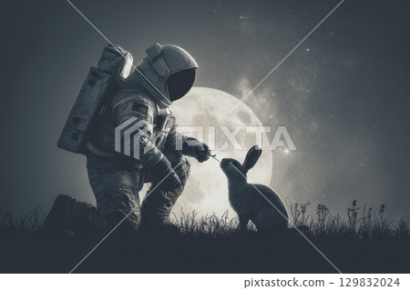 Astronaut Kneeling to Feed Creature on Martian Landscape at Night 129832024