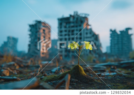 A small plant is growing in the middle of a city, After the war A small plant is growing in the middle of a city, After the war 129832034
