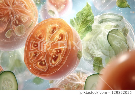 Transparent Polygonal Slices of Tomato and Lettuce Leaves Floating in Fresh Air Transparent Polygonal Slices of Tomato and Lettuce Leaves Floating in Fresh Air 129832035