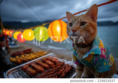 Ginger Cat Relaxing by Grill with Colorful Lanterns Under a Cloudy Sky by the Beach Ginger Cat Relaxing by Grill with Colorful Lanterns Under a Cloudy Sky by the Beach 129832037