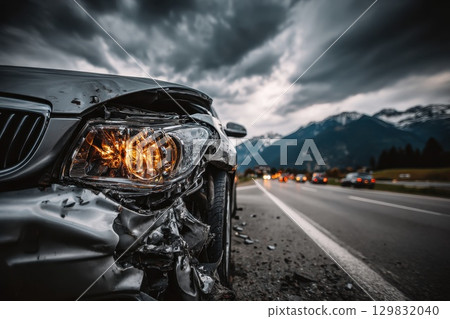 Crushed Car Side View Against Median in Dramatic Landscape with Cloudy Sky and Mountains 129832040