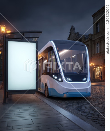 Sleek Autonomous Shuttle Bus at Modern Station in Evening Urban Environment Sleek Autonomous Shuttle Bus at Modern Station in Evening Urban Environment 129832042