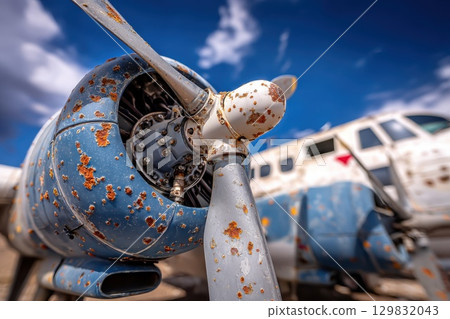Vintage Airplane Propeller Close-Up with Rust and Weathered Texture Against Blue Sky Vintage Airplane Propeller Close-Up with Rust and Weathered Texture Against Blue Sky 129832043
