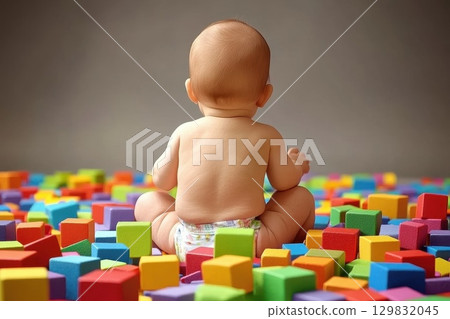 Baby Sitting Up on Colorful Blocks from the Back, Reaching for Playful Shapes Baby Sitting Up on Colorful Blocks from the Back, Reaching for Playful Shapes 129832045
