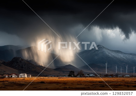 Dramatic Timelapse of Clouds Over Vertical Green Farms with Mountains in Background 129832057