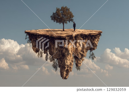 Surreal Floating Island Featuring a Person Pushing a Stone Up Toward a Tree and Cloudy Sky 129832059