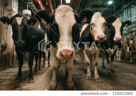 Interior View of a Modern Smart Barn with Monitored Cows in Stalls for Enhanced Animal Care 129832060