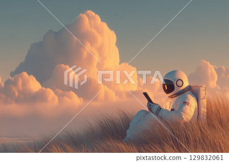 Astronaut Sitting in Open Field Using Smartphone Against Beautiful Cloudy Sky at Sunset 129832061