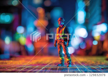Foreman Figure Surrounded by Vibrant Fiber Optic Lights in a Blended Urban Setting 129832078