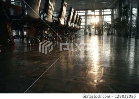 Low Angle View of Sunlight Reflecting on Glass in a Conference Room Setting 129832080