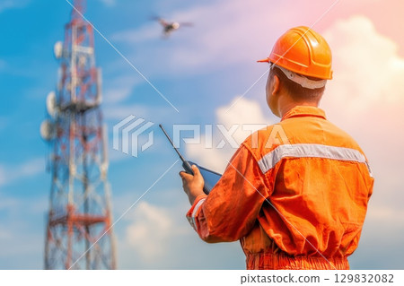 A man in an orange jumpsuit is standing next to a tall tower A man in an orange jumpsuit is standing next to a tall tower 129832082