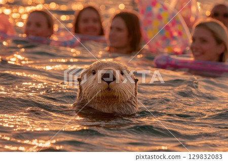 Playful Sea Otter Swimming Near Group of Friends in a Joyful Water Adventure Scene 129832083