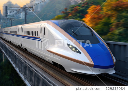 High-Speed Train Crossing a Long Steel Bridge Surrounded by Lush Greenery and Scenic Landscape 129832084