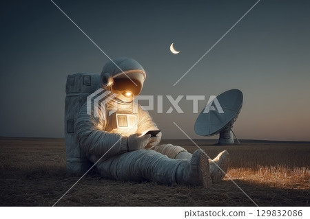 Astronaut Seated in Open Field with Satellite Dish and Moon in the Evening Sky 129832086
