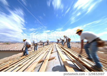Workers Install Roofing Materials in Motion Blur with Dynamic Time-Lapse Effect Workers Install Roofing Materials in Motion Blur with Dynamic Time-Lapse Effect 129832087