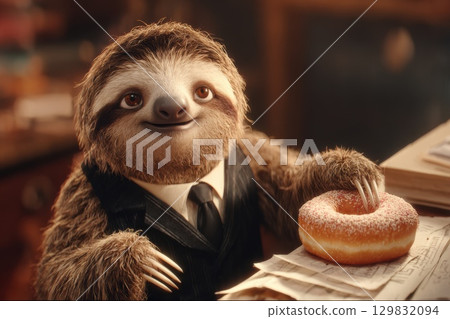 Sloth in Black Suit and Tie Slowly Reaching for a Donut on a Desk with Papers Around It 129832094