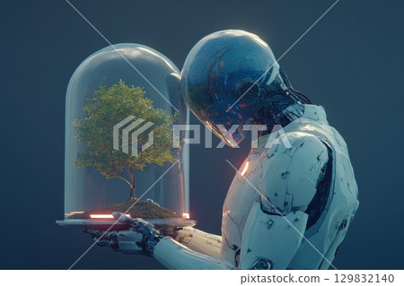 Humanoid Robot Gently Holding Glowing Plant in Futuristic Glass Dome with Nature Vibes Humanoid Robot Gently Holding Glowing Plant in Futuristic Glass Dome with Nature Vibes 129832140