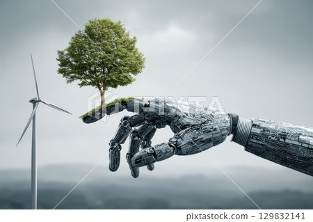 Futuristic Robot Arm Extending from Lab Environment into Natural Landscape with Tree Futuristic Robot Arm Extending from Lab Environment into Natural Landscape with Tree 129832141