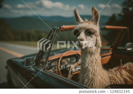 Fluffy Alpaca Wearing Sunglasses in Classic Car on Scenic Road Trip Adventure 129832145