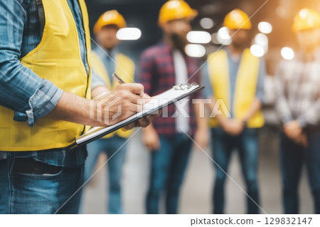 Construction Workers Overseeing Safety Protocols with Scaffolding in Background Under Bright Lights 129832147