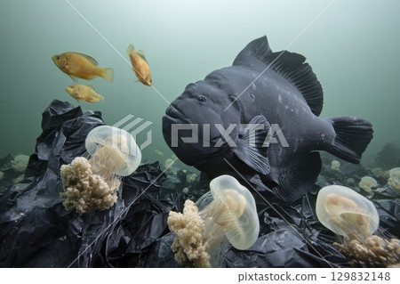Wide Angle Underwater Scene Featuring Fish and Jellyfish in a Murky Environment 129832148
