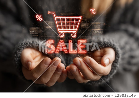 Hands Holding a Holographic Shopping Cart with Sale Symbols and Digital Elements 129832149