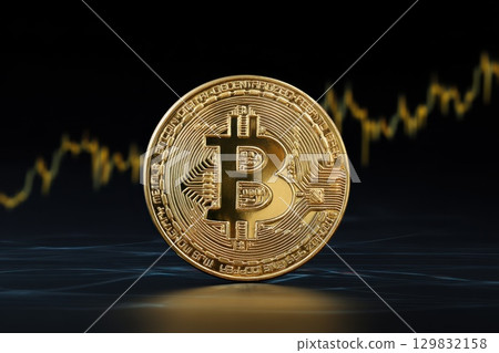 Golden Bitcoin Coin Over Digital Graphs Representing Cryptocurrency Market Trends and Fluctuations 129832158
