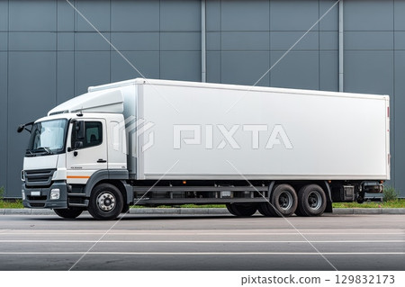 Isolated White Truck Centered in Clean Industrial Setting with Blank Cargo Space 129832173