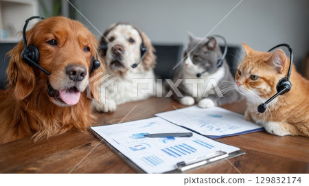 Adorable Mixed Animals in Team Planning Huddle with Headsets and Documents on Table Adorable Mixed Animals in Team Planning Huddle with Headsets and Documents on Table 129832174