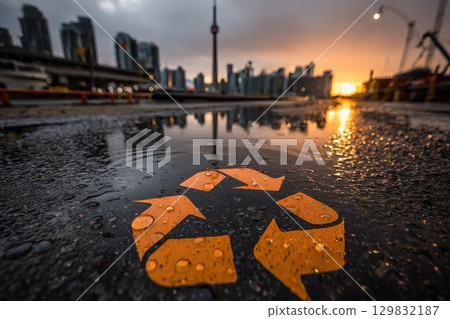 City Skyline Reflected in Puddle at Sunrise with Textural Elements and Recycle Symbol City Skyline Reflected in Puddle at Sunrise with Textural Elements and Recycle Symbol 129832187