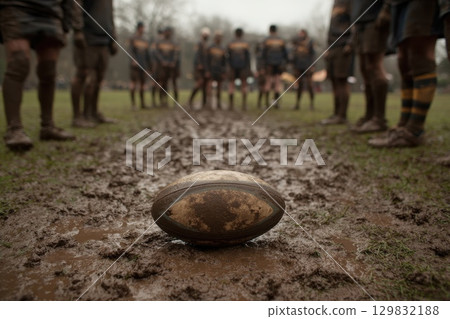 Rugby Ball Resting on Muddy Field Surrounded by Players in Uniform During Game Practice Rugby Ball Resting on Muddy Field Surrounded by Players in Uniform During Game Practice 129832188