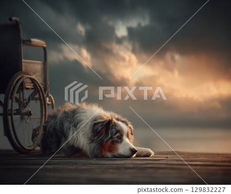 Loyal Dog Lying Protectively Beside Wheelchair at Sunset 129832227